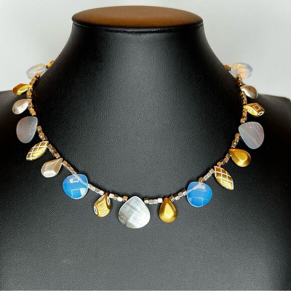 Brighton New Wave Blue Aqua Green Opalite Shell Retired Necklace 12" - 15" - Picture 1 of 4